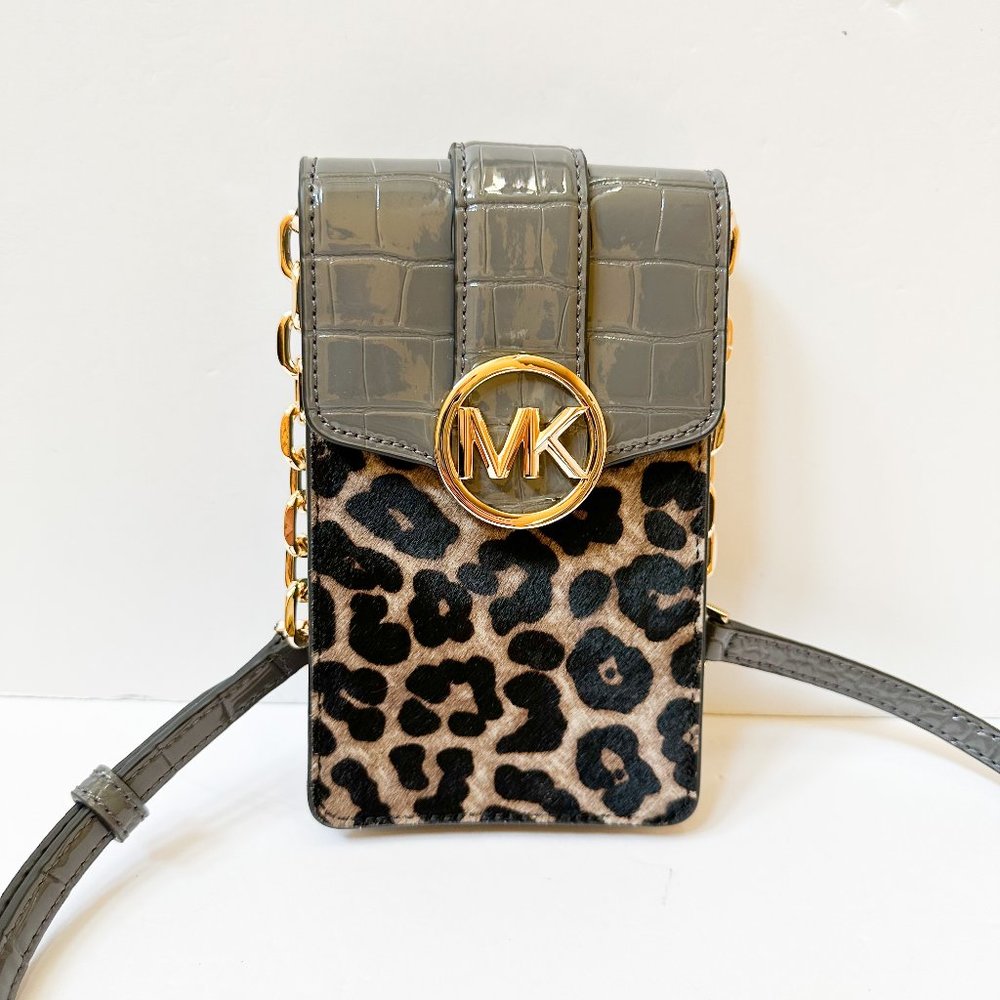 Michael Kors Gray Croc-Embossed & Leopard Phone Crossbody, like new, no tags